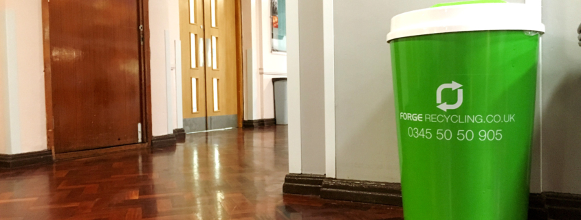University of leeds coffee cup-shaped recycling bins which are located all over campus